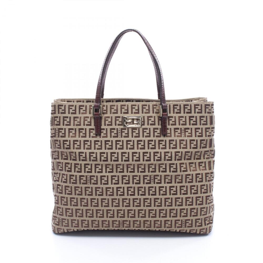 Fendi Zucchino Tote Bag Canvas Leather Beige Brown